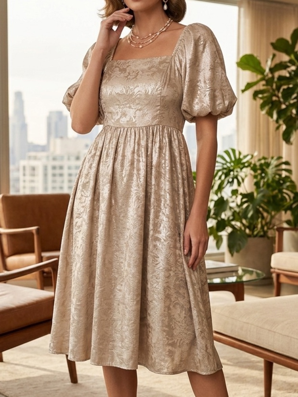 Celadon Metallic Champagne Gold Puff Sleeve Midi Dress ID48131 Square Neck Large